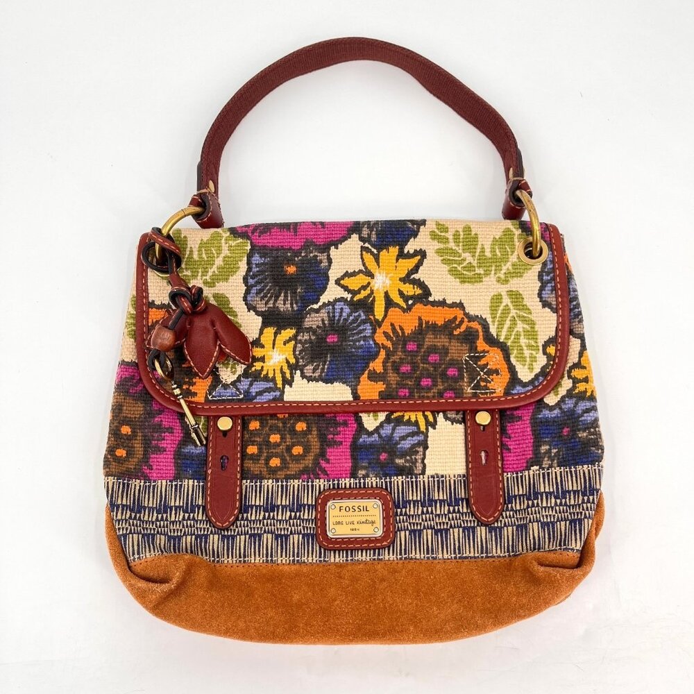 Fossil Floral Shoulder Bag Multicolor Fabric Snap Closure Leather Strap Inner